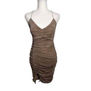 Chocolate Brown Ruched Sequin Spaghetti Strap Bodycon Dress